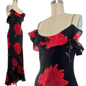 NWT!!! Y2K Sz 0 XS Cache Maxi Slip Dress Black Red Floral Beaded Fairy Ruffles